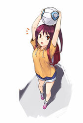  ^^^ backpack bag ball carrying_overhead commentary_request dated_commentary denchuubou denim denim_shorts female foreshortening full_body ginga_e_kickoff!! hood hoodie long_hair looking_at_viewer open_mouth ponytail purple_hair red_eyes shoes shorts soccer_ball socks solo sweater takatoo_erika white_background 