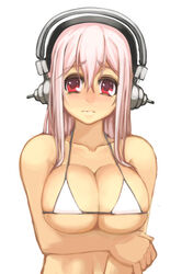  bikini bikini_top_only blush breast_hold breasts cleavage commentary_request deni_m female headphones large_breasts long_hair looking_at_viewer navel nitroplus nose_blush pink_hair red_eyes skindentation solo super_sonico swimsuit 