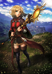  armor belt blonde_hair boots breasts castle cloud cloudy_sky commentary_request day dragon&#039;s_dogma dragon&#039;s_dogma_(series) female green_eyes highres landscape long_coat nature pauldrons pawn_(dragon&#039;s_dogma) pencil_skirt photoshop_(medium) short_hair shoulder_armor skirt sky small_breasts solo staff sunburst tailcoat thigh_boots thighhighs wristband yuki_tajima 