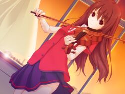  alpaca artist_request brown_eyes brown_hair character_request curtain curtains dutch_angle female female game_cg grass hair instrument light_smile long_hair looking_at_viewer paca_plus pacoproject pleated_skirt purple purple_hair school_uniform short_sleeves skirt skirt_lift smile solo standing tsukasa_rin twilight violin wind window 