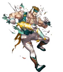  1boy animal_ears bara bartre_(fire_emblem) bartre_(spring)_(fire_emblem) boots bow brown_eyes brown_hair dai-xt facial_hair fire_emblem fire_emblem:_the_binding_blade fire_emblem_heroes flower full_body gloves headband highres injury male_focus moustache muscular muscular_male non-web_source official_alternate_costume official_art pectoral_cleavage pectorals rabbit_ears solo teeth torn_clothes transparent_background 