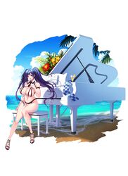  absurdres arm_strap beach bikini black_hair breasts cloud collared_bikini day female glass grand_piano hand_on_own_chest highres instrument large_breasts long_hair navel necktie open_mouth original outdoors palm_tree piano purple_eyes revision sitting skindentation solo swimsuit toriseru_(rare_stone) tree twintails very_long_hair water white_bikini 