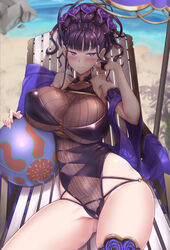  armlet ball bare_shoulders beach beach_chair beachball black_gloves black_one-piece_swimsuit breasts covered_navel fate/grand_order fate_(series) female fingerless_gloves flower gloves gold_trim hair_flower hair_ornament hair_up half_gloves highleg highleg_swimsuit large_breasts long_hair looking_at_viewer murasaki_shikibu_(fate) murasaki_shikibu_(swimsuit_rider)_(fate) murasaki_shikibu_(swimsuit_rider)_(first_ascension)_(fate) one-piece_swimsuit purple_eyes purple_hair shinovi sitting smile swimsuit thighs tied_hair 