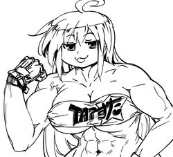  :3 abs ahoge alternate_muscle_size art_shift bad_id bandeau bb_(baalbuddy) belt_bra biceps breasts female fingerless_gloves flexing gloves greyscale hand_up highres inactive_account izumi_konata jitome large_breasts long_hair looking_at_viewer lucky_star monochrome muscular muscular_female navel parody pose simple_background smile solo strapless upper_body veins white_background 