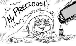  bad_id bags_under_eyes bb_(baalbuddy) catchphrase chips_(food) cola doma_umaru english_text female food gollum greyscale handheld_game_console himouto!_umaru-chan hood hood_up inactive_account komaru_(himouto!_umaru-chan) monochrome open_mouth parody playstation_vita potato_chips robe sharp_teeth solo_focus squatting sweatdrop teeth the_lord_of_the_rings tolkien&#039;s_legendarium wide-eyed 