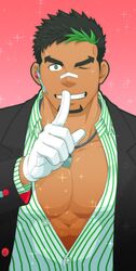  1boy bandaid bandaid_on_face bandaid_on_nose bara black_hair black_suit dark-skinned_male dark_skin facial_hair finger_to_mouth formal goatee green_hair green_shirt grin highres kyoichi_(active_agent)_(live_a_hero) kyoichi_(live_a_hero) large_pectorals live_a_hero looking_at_viewer male_focus mature_male multicolored_hair muscular muscular_male official_alternate_costume one_eye_closed partially_unbuttoned pectoral_cleavage pectorals porkjinta shirt short_hair shushing smile solo sparkle streaked_hair striped_clothes striped_shirt suit upper_body whistle whistle_around_neck 