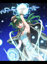  armpits blush breasts brown_cape brown_dress brown_gloves cape commentary_request cowboy_shot doll_on_head dress female fur-trimmed_cape fur-trimmed_gloves fur_trim gloves green_eyes green_hair hair_between_eyes high_wizard_(ragnarok_online) holding holding_staff layered_dress letterboxed long_hair looking_at_viewer looking_down magic medium_breasts open_mouth ragnarok_online short_dress smile solo staff strapless strapless_dress two-tone_dress white_dress wrwr 