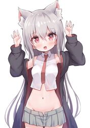  animal_ear_fluff animal_ears arms_up black_coat blush breasts cat_ears coat crop_top female grey_hair grey_skirt groin highres long_hair miniskirt navel necktie no_panties off_shoulder open_clothes open_coat open_mouth original pleated_skirt red_eyes red_necktie shirt simple_background siragagaga skirt sleeveless sleeveless_shirt small_breasts solo stomach very_long_hair white_background white_shirt 