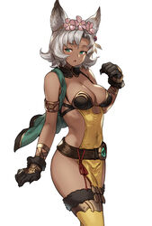  animal_ears armlet black_gloves breasts cleavage covered_navel erune female flower gloves granblue_fantasy green_eyes grey_hair hair_flower hair_ornament hand_up highres houtengeki medium_breasts melleau open_mouth short_hair simple_background solo standing thighhighs thighs white_background yellow_thighhighs 