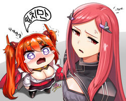  2girls airplane_hair_ornament anger_vein bad_id bad_pixiv_id blush breasts chibi cleavage crying flat_chest hair_ornament hairclip jazz_jack korean_commentary korean_text large_breasts last_origin long_hair looking_at_another looking_away may_of_doom mini_person minigirl multiple_girls night_angel_(last_origin) purple_eyes red_eyes tears trembling twintails wavy_eyes wavy_mouth 