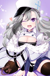  2020 azur_lane black_thighhighs breasts cleavage female fur_trim grey_hair hat heart highres large_breasts long_hair looking_at_viewer medium_breasts minsk_(azur_lane) multicolored_hair one_eye_closed open_mouth origami_aya peaked_cap purple_eyes signature sitting smile solo streaked_hair thighhighs very_long_hair 