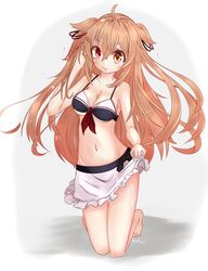  adapted_costume bikini bikini_skirt black_bikini breasts brown_eyes cleavage female frilled_skirt frills front-tie_bikini_top front-tie_top grey_background hair_flaps heterochromia highres kantai_collection light_brown_hair long_hair medium_breasts mf_u_c murasame_(kancolle) murasame_kai_ni_(kancolle) official_alternate_costume red_eyes skirt skirt_hold solo swimsuit two-tone_background two_side_up white_background white_skirt 