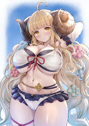  :o ahoge anila_(granblue_fantasy) anila_(summer)_(granblue_fantasy) arms_behind_head arms_up belly_chain bikini blonde_hair blunt_bangs blush breasts cleavage cowboy_shot curled_horns curvy detached_sleeves draph female frilled_bikini frills granblue_fantasy highres hikimayu horns jewelry large_breasts layered_bikini leg_ribbon long_hair navel official_alternate_costume purinn_aster ribbon solo stomach swimsuit thick_thighs thigh_ribbon thighs underboob very_long_hair wavy_hair yellow_eyes 