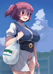  bag black_sash blue_sky blush breasts cloud coin coin_on_string commentary_request cookie_(touhou) cowboy_shot day drooling female fuka_(kantoku) fundoshi hair_bobbles hair_ornament highres holding holding_bag holed_coin japanese_clothes large_breasts no_pants obi onozuka_komachi open_mouth outdoors power_lines puffy_short_sleeves puffy_sleeves red_eyes red_hair sash shaded_face shishou_(cookie) shopping_bag short_hair short_sleeves sky solo touhou two_side_up 