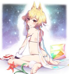  animal_ears ass bare_shoulders barefoot bikini blush feet female flower full_body gem genshin_impact half-closed_eyes highres huziiro_matutya kemonomimi_mode looking_at_viewer lumine_(genshin_impact) mask string_bikini swimsuit toes white_bikini yellow_eyes 