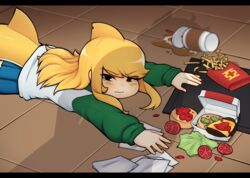  apricot_(d-floe) apu_spills_his_tendies_(meme) black_eyes blonde_hair blue_skirt burger cup d-floe dropped_food female fins fish_tail floor food french_fries head_fins highres long_hair long_sleeves looking_at_viewer lying meme on_stomach original pleated_skirt shadow shark_girl shark_tail skirt solo tail 