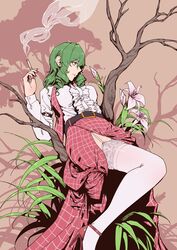  alternate_hairstyle belt branch center_frills cigarette collared_shirt d&#039;orsay_heels drill_hair drill_sidelocks earrings female fingernails flower frilled_skirt frills garter_straps grass green_hair hand_up high_heels highres in_tree jewelry kazami_yuuka lace-trimmed_legwear lace_trim leaf lily_(flower) lips long_skirt long_sleeves looking_to_the_side nail_polish open_clothes open_skirt open_vest orange_background plaid plaid_skirt plaid_vest red_eyes red_footwear red_nails red_skirt red_vest shirt short_hair sidelocks skirt skirt_set smile smoke smoking solo stank strappy_heels stud_earrings sunflower tan_background thighhighs tobacco touhou tree twin_drills vest wavy_hair white_shirt white_thighhighs 