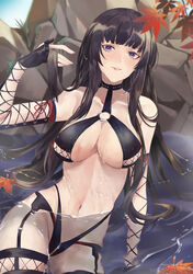  absurdres azur_lane bikini black_bikini black_hair black_legwear blush breasts breasts_apart cleavage day dead_or_alive dead_or_alive_xtreme female fishnet_armwear fishnet_legwear fishnets gloves highres hime_cut karen_ngao long_hair mole mole_under_mouth navel nyotengu nyotengu_(scarlet-tinged_hot_spring_vacation)_(doa) o-ring official_alternate_costume onsen outdoors parted_lips partially_submerged purple_eyes solo swimsuit underboob wading water wet 