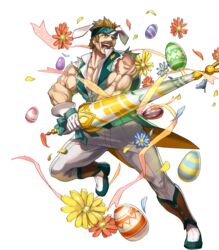  1boy animal_ears bara bartre_(fire_emblem) bartre_(spring)_(fire_emblem) boots bow brown_eyes brown_hair dai-xt easter_egg egg facial_hair fire_emblem fire_emblem:_the_binding_blade fire_emblem_heroes flower full_body gloves headband highres male_focus moustache muscular muscular_male non-web_source official_alternate_costume official_art open_mouth pectoral_cleavage pectorals rabbit_ears solo teeth transparent_background 