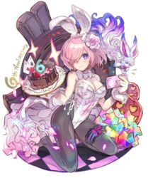  alternate_costume animal_ears anniversary bare_shoulders bow bowtie breasts cake cleavage commentary_request fate/grand_order fate_(series) female food fou_(fate) hair_over_one_eye haku_(sabosoda) high_heels holding holding_phone kneeling large_breasts leotard looking_at_viewer lord_camelot_(fate) mash_kyrielight pantyhose phone pink_hair playboy_bunny purple_eyes rabbit_ears shield short_hair simple_background smile solo strapless strapless_leotard white_background wrist_cuffs 