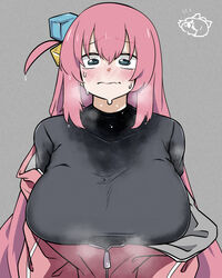  @_@ absurdres black_shirt blue_eyes blush bocchi_the_rock! breasts character_watermark closed_mouth commentary_request cube_hair_ornament female gotoh_hitori grey_background hair_between_eyes hair_ornament highres jacket large_breasts long_hair looking_at_viewer off_shoulder one_side_up partially_unzipped pink_hair pink_jacket rinyamame shirt simple_background smile solo steaming_body sweat track_jacket upper_body 