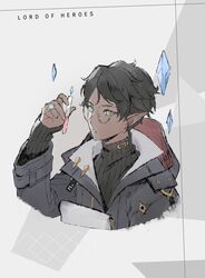  1boy al_rashad al_rashad_(fire) androgynous blue_eyes brown_hair clover_games dark-skinned_male dark_skin elf freckles glasses highres lord_of_heroes male_focus official_art pointy_ears 