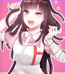  apron bandaged_arm bandages blush breasts collared_shirt commentary danganronpa_(series) danganronpa_2:_goodbye_despair female flying_sweatdrops grabbing half-closed_eye hands_up kami_shiro_(siro_319) long_hair mole mole_under_eye open_mouth outline pink_background pink_shirt shirt short_sleeves skirt solo symbol-only_commentary tears teeth tsumiki_mikan upper_body upper_teeth_only white_apron white_outline 