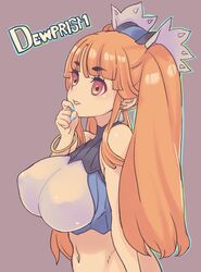  breasts copyright_name dewprism earrings female highres jewelry large_breasts long_hair midriff mint_(dewprism) nail_polish navel orange_eyes orange_hair simple_background solo tsuutenkaaku twintails 