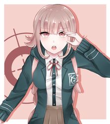  bad_id bad_twitter_id black_shirt border breasts collared_shirt commentary_request danganronpa_(series) danganronpa_2:_goodbye_despair dress_shirt female flipped_hair green_jacket hair_ornament hand_up hood hood_down hooded_jacket jacket kami_shiro_(siro_319) large_breasts long_sleeves looking_at_viewer medium_hair nanami_chiaki neck_ribbon no_hair_ornament open_clothes open_jacket open_mouth pink_background pink_eyes pink_ribbon pleated_skirt ribbon shirt shirt_tucked_in skirt solo teeth upper_teeth_only white_border white_shirt 