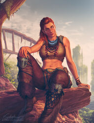  aloy_(horizon) arm_support artist_name bare_arms bare_shoulders blurry blurry_background boots bracelet brown_footwear brown_pants closed_mouth crop_top evening female focus_(horizon) hair_pulled_back hand_on_own_knee horizon_(video_game) horizon_zero_dawn jewelry krystopher_decker long_hair looking_to_the_side midriff navel necklace on_rock outdoors overskirt pants patreon_username pelt pelvic_curtain red_hair rock ruins signature sitting sky sleeveless solo stomach toned tree 