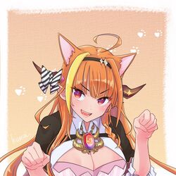  animal_ears black_jacket blonde_hair bow braid braided_ponytail breasts brooch cat_day cat_ears chain_necklace chains chibi claw_pose cleavage cocked_eyebrow diagonal-striped_bow diagonal_stripes dragon_horns eyebrows female headband hololive horn_bow horn_ornament horns jacket jewelry kiryu_coco kiryu_coco_(1st_costume) kyou_fumei large_breasts long_hair multicolored_hair necklace oerba_yun_fang open_hands open_mouth orange_background paw_pose pointy_ears skin_fang solo streaked_hair striped striped_bow upper_body virtual_youtuber 