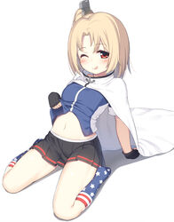  ;q aged_down american_flag american_flag_legwear american_flag_print anchor_symbol arm_support azur_lane black_gloves black_skirt blonde_hair blue_jacket blue_shirt blue_socks blush breasts cape clevelad_(azur_lane) clothes_lift commentary_request female fingerless_gloves flag_print full_body gloves groin hair_ornament highres jacket jacket_lift looking_at_viewer midriff miniskirt multicolored_clothes multicolored_legwear navel no_shoes olive_(laai) one_eye_closed one_side_up parted_bangs photoshop_(medium) red_eyes shadow shirt short_sleeves sidelocks simple_background sitting skirt small_breasts smile socks solo star_(symbol) star_print tongue tongue_out wariza white_background white_cape 