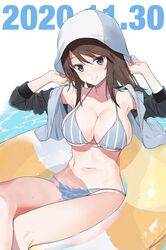  afloat bikini breasts brown_eyes brown_hair crossed_legs dated female girls_und_panzer hat highres innertube jacket large_breasts long_hair mika_(girls_und_panzer) muteki_soda navel open_clothes open_jacket smile solo striped_bikini striped_clothes swim_ring swimsuit water 