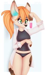  2022 4_fingers anthro black_nose breasts canid canine clothed clothing digital_media_(artwork) eyebrows eyelashes eyewear female fingers glasses green_eyes hair hi_res mammal omiart orange_hair simple_background solo standing white_background 