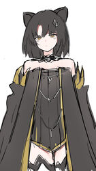  absurdres animal_ears arknights bad_id bad_pixiv_id bare_shoulders black_dress black_hair black_jacket brown_eyes closed_mouth collarbone commentary_request dress female hair_ornament highres jacket looking_at_viewer mandragora_(arknights) nagute off-shoulder_jacket off_shoulder parted_bangs simple_background solo standing strapless strapless_dress thighhighs white_background white_thighhighs 