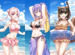  3girls airani_iofifteen animal_ears armpits arms_behind_head as4gi ayunda_risu barefoot beach bikini black_bikini blonde_hair breasts brown_bikini brown_hair closed_mouth colored_inner_hair criss-cross_halter day diving_mask diving_mask_on_head double_bun frilled_bikini frills goggles goggles_on_head green_eyes hair_between_eyes hair_bun halterneck hololive hololive_indonesia innertube large_breasts long_hair looking_at_viewer low_twintails medium_breasts moona_hoshinova multicolored_hair multiple_girls navel ocean open_mouth outdoors pink_bikini pink_hair polka_dot polka_dot_bikini purple_eyes purple_hair sarong see-through side-tie_bikini_bottom smile snorkel squirrel_ears squirrel_girl squirrel_tail stomach string_bikini swim_ring swimsuit tail twintails virtual_youtuber 