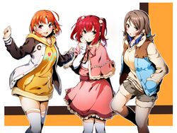  3girls :o ahoge blue_eyes bow bowtie brown_hair brown_shorts capelet clenched_teeth commentary cyaron!_(love_live!) green_eyes hair_ornament hairbow hand_in_pocket hand_up highres jacket kurosawa_ruby long_sleeves looking_at_viewer love_live! love_live!_sunshine!! multiple_girls nakano_maru orange_hair pink_bow pink_bowtie pink_capelet pink_skirt red_eyes red_hair shorts skirt smile standing takami_chika teeth thighhighs twintails watanabe_you white_legwear yellow_bow 