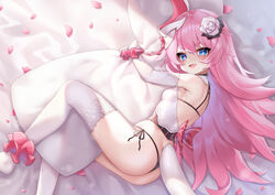  ass black_bra black_panties blue_eyes bra breasts ehart elbow_gloves female flower gloves hair_between_eyes hair_flower hair_ornament honkai_(series) honkai_impact_3rd horns hugging_object long_hair looking_at_viewer lying oerba_yun_fang on_side open_mouth panties petals pillow pillow_hug pink_hair rose_petals rozaliya_olenyeva side-tie_panties single_horn small_breasts smile solo string_panties tail thighhighs thong underwear very_long_hair white_gloves white_thighhighs 