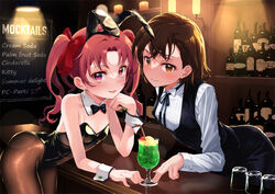  2girls animal_ears bar_(place) black_bow black_bowtie black_leotard blush bow bowtie breasts brown_eyes brown_hair brown_pantyhose cocktail_glass cup drinking_glass fake_animal_ears formal hair_ribbon highres indoors leotard long_hair looking_at_viewer medium_hair misaka_mikoto multiple_girls open_mouth pantyhose parted_lips playboy_bunny rabbit_ears ribbon shirai_kuroko small_breasts smile suit toaru_kagaku_no_railgun toaru_majutsu_no_index twintails yonabe yuri 