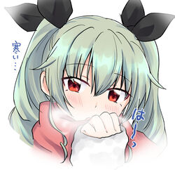  anchovy_(girls_und_panzer) black_ribbon blush breath commentary drill_hair female girls_und_panzer green_hair hair_ribbon katakori_sugita long_hair long_sleeves looking_at_viewer open_mouth portrait red_eyes red_scarf ribbon scarf solo translated twin_drills twintails 