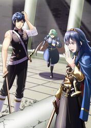  2boys alternate_costume boots broken_pillar chrom_(fire_emblem) father_and_daughter female fire_emblem fire_emblem:_three_houses fire_emblem_awakening garreg_mach_monastery_uniform highres holding_head knee_boots lucina_(fire_emblem) multiple_boys pillar running seteth_(fire_emblem) sukkirito_(rangusan) surprised sword tiara weapon wooden_sword 