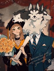  2020 3_heads anthro bart_(juanmao1997) basil_(juanmao1997) benson_(juanmao1997) blue_eyes bouquet brown_hair canid canid_demon canine cerberus closed_eyes clothed clothing demon diploma duo english_text european_mythology female flower flower_bouquet fur graduation_cap greek_mythology hair hellhound hi_res human inner_ear_fluff juanmao1997 looking_at_viewer male mammal multi_head mythological_canine mythological_creature mythology necktie plant smile smiling_at_viewer text tuesday_(juanmao1997) tuft 