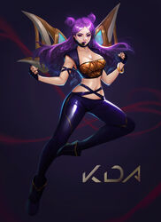  absurdres black_choker black_gloves breasts choker cleavage clenched_hands collarbone commentary double_bun female fingerless_gloves fingernails floating floating_object floating_weapon gloves hair_bun highres k/da_(league_of_legends) k/da_kai&#039;sa kai&#039;sa league_of_legends lipstick long_hair makeup microphone navel pantyhose photoshop_(medium) purple_eyes purple_hair purple_lips sanj solo weapon 