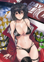  absurdres ahoge azur_lane bare_shoulders bikini black_bikini black_choker black_hair black_thighhighs breasts choker cleavage collarbone crossed_bangs eyewear_on_head female highres jacket karen_ngao large_breasts long_hair looking_at_viewer off_shoulder official_alternate_costume race_queen red_eyes red_jacket shadow sidelocks sitting skindentation smile solo swimsuit taihou_(azur_lane) taihou_(enraptured_companion)_(azur_lane) thigh_strap thighhighs 