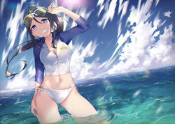  :d arm_at_side arm_up bikini bikini_under_clothes black_hair blue_eyes blush breasts cleavage cloud cloudy_sky collarbone commentary contrapposto cowboy_shot day dutch_angle eyewear_on_head female green-tinted_eyewear grin groin head_tilt highres horizon long_sleeves looking_at_viewer love_live! love_live!_sunshine!! matsuura_kanan medium_breasts navel ocean open_mouth outdoors over-rim_eyewear parted_bangs ponytail raglan_sleeves rash_guard semi-rimless_eyewear side-tie_bikini_bottom sky smile solo sports_sunglasses standing stomach sunglasses sunlight swimsuit teeth tinted_eyewear wading water white-framed_eyewear white_bikini yamaori_(yamaorimon) yellow-tinted_eyewear 