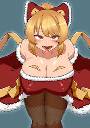  absurdres alternate_costume blonde_hair blue_background blush bow breasts brown_pantyhose christmas cleavage commentary_request dress fangs feet_out_of_frame female fishnet_pantyhose fishnets forked_tongue fur-trimmed_bow fur-trimmed_dress fur_trim hair_bun hairbow highres kurodani_yamame large_breasts leaning_forward looking_at_viewer medium_hair open_mouth pantyhose red_bow red_dress red_eyes rinyamame smile solo strapless strapless_dress tongue tongue_out touhou 