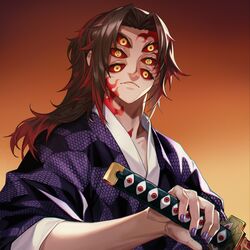  1boy brown_hair closed_mouth collarbone colored_sclera commentary extra_eyes facial_mark gradient_background highres himmel_(allsky83) holding holding_sword holding_weapon japanese_clothes katana kimetsu_no_yaiba kimono kokushibou long_hair looking_at_viewer male_focus orange_background parted_bangs ponytail red_sclera solo sword text_in_eyes upper_body weapon 