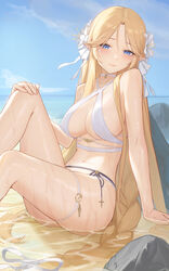  absurdres arm_support azur_lane bad_id bad_pixiv_id bare_arms bare_legs bikini blonde_hair blue_eyes blush bow breasts brest_(azur_lane) brest_(marine_muse)_(azur_lane) cleavage closed_mouth collarbone covered_nipples criss-cross_halter female flower hair_flower hair_ornament hairbow halterneck hand_on_own_knee highres jewelry large_breasts long_hair looking_at_viewer navel official_alternate_costume parted_bangs pendant pointy_ears sideboob sitting skindentation smile solo stomach swimsuit thigh_strap underboob very_long_hair white_bikini white_bow white_flower yidie 