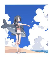  :d akari_(raigou) barefoot beach bikini black_hair blue_sky blush border cloud commentary feet female grey_bikini holding inflatable_shark inflatable_toy legs looking_at_viewer medium_hair oerba_yun_fang original outside_border pointing ponytail raigou skin_fang sky smile soles solo swimsuit toes water white_border wide_shot yellow_eyes 