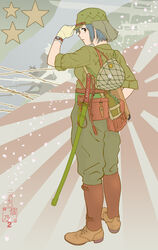  absurdres ammunition_pouch back blue_hair boots bottle brown_footwear closed_mouth female full_body gloves green_gloves hand_on_headwear hand_up hat helmet highres holding imperial_japanese_army japanese_flag katana looking_at_viewer looking_back military military_hat military_uniform original pouch red_eyes sheath sheathed sino_(mechanized_gallery) sleeves_rolled_up solo sword uniform unworn_headwear unworn_helmet watch water_bottle weapon world_war_ii 